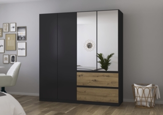 rauch Joel-Extra, Kleiderschrank, 4-türig, mit Spiegel, 2 Schubladen, push-to-open, mit 2 Kleiderstangen und 2 Einlegeböden, Farbe Grau metallic/Eiche Artisan, BxHxT 181x197x54cm