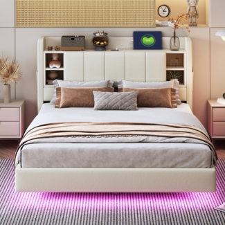 Polsterbett 140x200 cm mit LED-Leiste, USB, Stauraum & schwebendem Design, Beige (ohne Matratze)