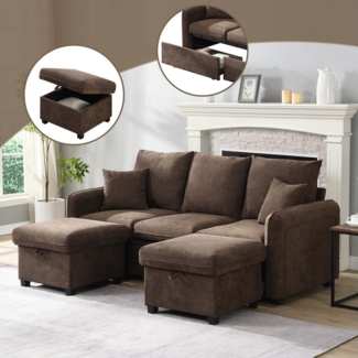 MODFU Ecksofa 3-Sitzer Sofa mit Stauraum, Wohnzimmersofa, Polstersofa, Inklusive Schubladen + Hocker mit Staufach