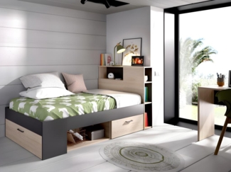 Vente-unique - Bett mit Kopfteil, Stauraum & Schublade + Matratze + Lattenrost - 90 x 190 cm - Naturfarben & Anthrazit - LEANDRE