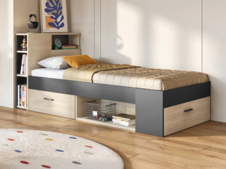 Vente-unique - Bett mit Kopfteil, Stauraum & Schublade + Matratze + Lattenrost - 90 x 190 cm - Naturfarben & Anthrazit - LEANDRE
