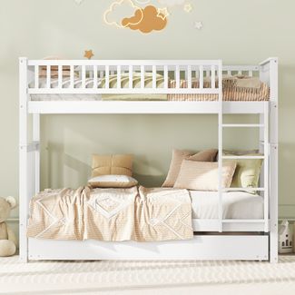 Etagenbett 90x200 cm aus Kiefernholz/MDF mit Ausziehbett, hohem Rausfallschutz und stabiler Treppe, weiß