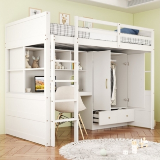 REDOM Kinderbett mit Leiter, Schreibtisch & Stauraum, Kleiderschrank und Schubladen (Hochbett Einzelbett, 90x200 cm), ohne Matratze