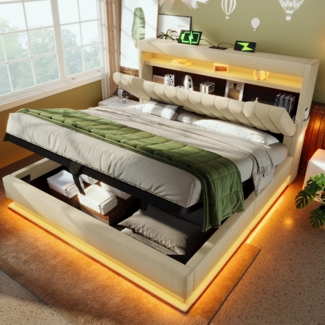 Merax Polsterbett hydraulisches Stauraumbett 180x200cm mit LED und Ladefunktion, Leinen, Beige