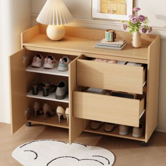 Schuhschrank auf Rollen 110 x 35 x 86 cm aus MDF in Natur, mit Schubladen & verstellbaren Fächern
