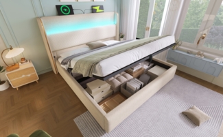 Bett Polsterbett 180x200 cm in Leinenoptik mit hohem Kopfteil, LED, Hydraulik-Bettkasten und USB/Type-C, Beige