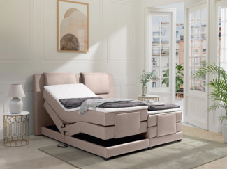Vente-unique - Boxspringbett mit Bettkopfteil + elektrischem Untergestell mit Relaxfunktion + Matratzen + Topper - 2 x 80 x 200 cm - Stoff - Beige - CASTEL II de PALACIO