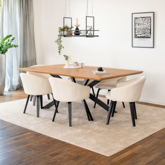 HOME DELUXE Essgruppe Eckig AVENCIA inkl. Sternfuß - 200 x 120 cm Light Oak 6 Stühle Bouclé Weiß