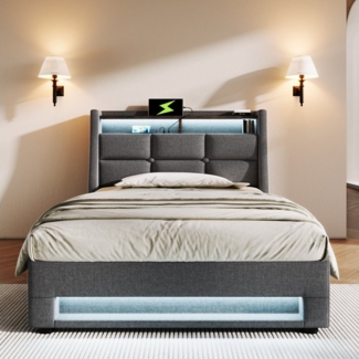 STILVORA Polsterbett Stauraumbett 90x200cm mit USB Steckdose Jugendbett Einzelbett mit LED (LED Einzelbett mit Lattenrost aus Metallrahmen, Jugendbett)