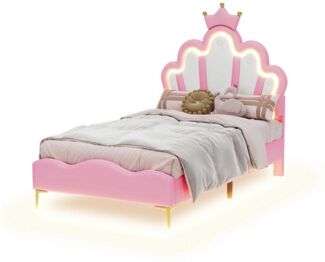 BlingBin Prinzessinbett Kinderbett Einzelbett (1-tlg, mit kronenförmigem Kopfteil, LED-Ambiente-Beleuchtung), weiche PU-Leder-Polsterung, inkl. Lattenrost, 150 kg Tragkraft