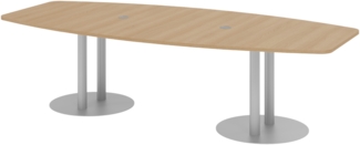 bümö Konferenztisch oval 280x130 cm großer Besprechungstisch in Eiche, Besprechungstisch mit Säule in silber, Meetingtisch für 10 Personen, XXL-Tisch für Besprechungsraum & Meeting, KT28S-E-S
