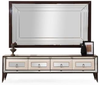 Casa Padrino Luxus TV Schrank Set Dunkelbraun / Creme / Silber - Verspiegeltes Wohnzimmer Sideboard mit TV Rückwand - Wohnzimmer Möbel - Luxus Möbel - Luxus Einrichtung