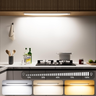 OUILA Unterbauleuchte Küche LED 2 Stück 60CM 3 Farbmodi Schrankbeleuchtung Batterie 5000mAh USB Wiederaufladbar Magnetische Lampe Kabellos Schranklicht mit Bewegungsmelder für Schlafzimmer, Werkstatt