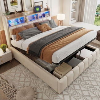 OKWISH Polsterbett Doppelbett, mit hydraulisches Stauraum (mit Kopfteil Einlegeböden, mit LED-Beleuchtung & USB-Anschluss, 180 x 200 cm), ohne Matratze