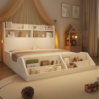 OKWISH Kinderbett Bett 140x200 cm aus Holz mit Ablagen und Nachtlichtern (Holzbett, Funktionsbett, 1-tlg, Kopfteil mit Ablagefläche, Jugendbett/Kinderbett), mit Ablageflächen,abnehmbarem Bücherregal