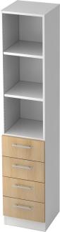 bümö office Aktenschrank Regal mit Schubladen, Büroschrank schmal aus FSC-Holz, 40cm breit in Weiß/Eiche - Aktenregal & Schubladenschrank mit Relinggriffen, Büro Möbel Schrank System, 7600-W-E-RE