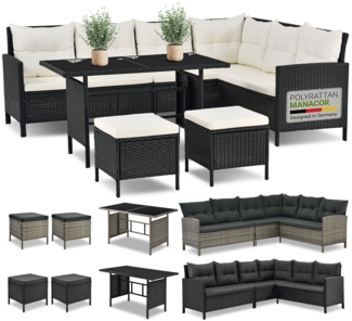 Juskys 'Manacor' Lounge mit Sofa, Tisch, 2 Hocker & Kissen, Polyrattan schwarz-creme, 7 Personen