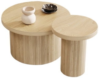 KLAM HOME Couchtisch doppelter runder Tisch Beistelltisch aus Naturholzlatten (2-St, täglich als Couchtisch, Beistelltisch verwendet), 66 x 66 x 40 + 40 x 40 x 46 cm, multifunktionaler Wohnzimmertisch