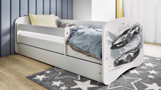 Bjird Kinderbett Jugenbett Weiß 140x70 160x80 180x80 (Einzelbett optional mit Matratze), inklusive Schublade und verstellbaren Rausfallschutz