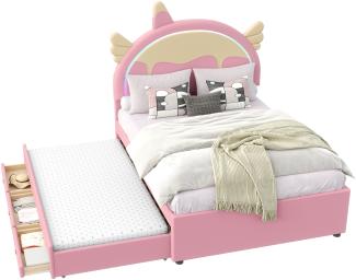 Merax 140*200cm Polsterbett, ausgestattet mit ausziehbares rollbett, PU-Material,Rosa