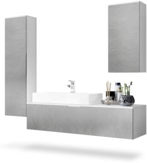 Vladon Badmöbel Komplettset Beach, Korpus in Weiß matt / Fronten in Scratchy metal, mit Aufsatzwaschbecken und Armatur