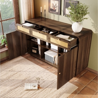 REDOM Sideboard mit Rattanfronten und goldfarbenen Griffen (Kommode, Buffetschrank, 1 St, 3 Schubladen + 2 Schränke + offenes Regal), mit Rattan, Goldgriffen, höhenverstellbare Einlegeböden