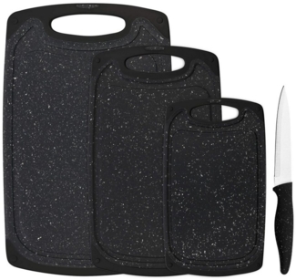Schneidebrett-Set, 4-teilig, inkl. Messer, Granit-Look, schwarz
