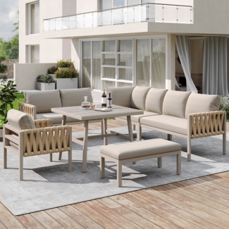 Merax Gartenmöbelset für 6-7 Personen, Seilgartenmöbelset mit verzinktem Eisengestell, verstellbare Beine, Ecksofa, Tischplatte aus gehärtetem Glas, inklusive aller Sitz- und Rückenkissen, beige