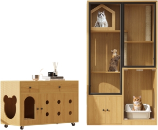 Katzenmöbel-Set, Katzenvilla und Katzentoilettenschrank Glas-Katzenhaus Katzenstreu-Schrank geeignet für mehrere Katzen, Holz+Glas, Gelbe Ahornholzfarbe