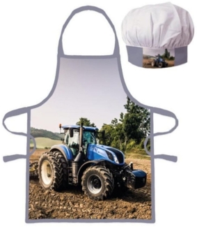 BrandMac Kochschürze Kinder Kochschürze „Blauer Traktor“ mit Kochmütze, Mal- & Werk-Schürz