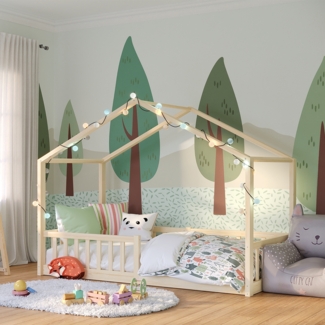Bellabino 'Bia' Hausbett 80x160 cm mit Matratze, natur, Kiefer Massivholz, Bodenbett in Hausoptik, Montessori Kinderbett mit Rausfallschutz und Lattenrost