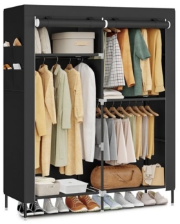 SONGMICS Stoffschrank mit Kleiderstange, Kleiderschrank mit Seitentaschen, Schrank für Schlafzimmer, 3 Hängefächer, schwarz