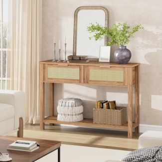 GarveeMore Konsolentisch Rattan,2-stöckiger Sofatisch mit 2 Schubladen,110 x 30 x 79 cm, Holzkonsole für Eingangsbereich,Wohnzimmer,Flur,Foyer