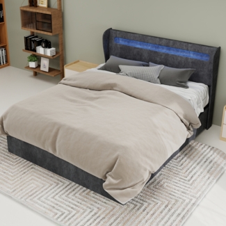 Flachbett 140×200cm LED-Umgebungslicht,Polsterstoff & Metallgestell,Gaslift-Stauraum,verstellbare Rückenlehne,Grau