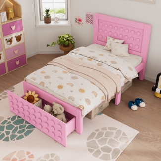 Kinderbett 90×190 cm Rosa mit Stauraum, MDF+Massivholz, Schublade, sicheres Lattenrost, Fantasie-Design