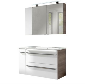 Fackelmann LUXOR Badmöbel Set 5-teilig 100 cm, Braun/Weiß + LED-Spiegelschrank + Badschränke links