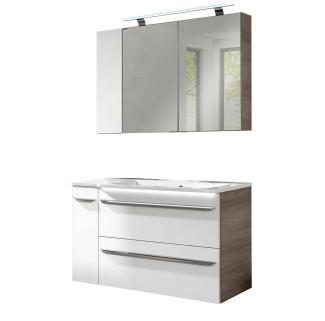 Fackelmann LUXOR Badmöbel Set 5-teilig 100 cm, Braun/Weiß + LED-Spiegelschrank + Badschränke links