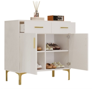 Refined Living Sideboard Kommode mit 2 Türen und 2 Schubladen,Aufbewahrungsschrank,Schuhschrank (Maße: 80 cm (B) × 35 cm (T) × 79.5 cm (H), Flurschrank modern, Sideboard Metallfüße, Kommode mit goldene Griffe, Flurschrank mit Kippsicherung, Esszimmersc...