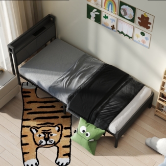 Metallbett 200 x 90 cm,Stauraum-Kopfteil mit 1 Steckdosen, 2 USB-Ladeanschlüssen,inklusive Schaummatratze