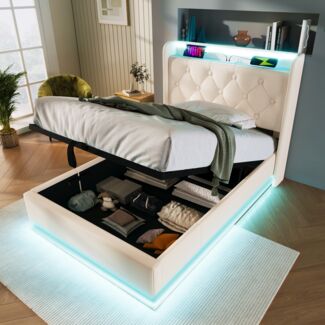 Merax Einzelbett, Kinderbett 90*200 cm Polsterbett, 360-Surround-LED-Funktion, Drucktaste/App, gepolstertes Kopfteil mit USB Typ-C Ladefunktion, weiß PU