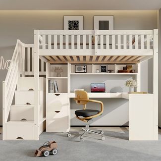 Flieks Hochbett Kinderbett 90x200cm mit Stauraumtreppe Schreibtisch & vielen Stauraum