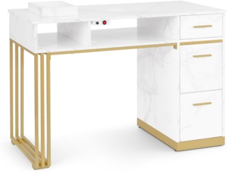BarberPub Manikürtisch mit 3 Schubladen & 2 Ablagen, Nageltisch mit Absaugung, 2 Staubsaugerbeuteln, Nagelfrisiertisch Holz, Schreibtisch für Nagelstudio, Marmor-Weiß Gold, 57 x 112 x 80 cm, 2472
