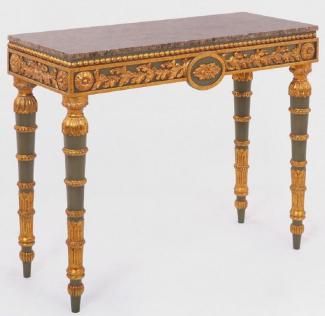 Casa Padrino Luxus Barock Konsole Grau / Antik Gold / Braun - Handgefertigter Massivholz Konsolentisch mit edlen Verzierungen und Marmorplatte - Barock Möbel