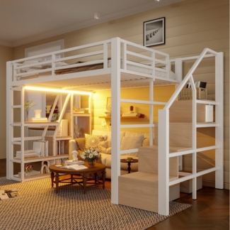 MODFU Kinderbett mit Ablagefach (Jugendbett mit LED-Beleuchtung und offenem Unterbett-Stauraum, Hochbett 140x200 cm), ohne Matratze