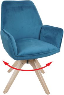 Esszimmerstuhl HWC-G67, Esstischstuhl Küchenstuhl Stuhl mit Armlehne, drehbar Holz Samt 320 g/m² MVG ~ türkis-blau