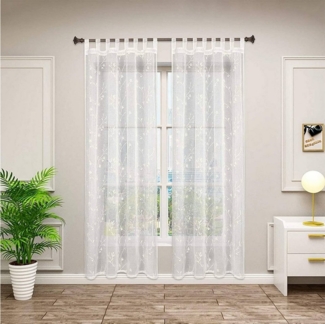Woltu Gardine, (2 St), halbtransparent, Blumen Stickerei mit Schlaufen Leinen Optik