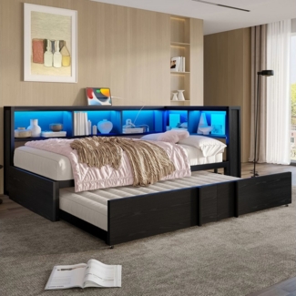 Flieks Daybett, Metall-Tagesbett 90x200cm mit Ausziehbett 90x190cm, LED und Aufladen