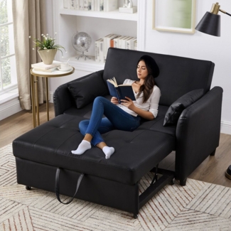 Ulife Schlafsofa mit ausziehbarem Sofabett und 3-stufig verstellbarer Rückenlehne, 1 Teile, Wasserabweisendes PU-Material, Inklusive zwei Kissen