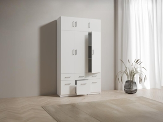 Vente-unique - Kleiderschrank mit 3 Türen & 6 Schubladen + Aufsatz - 136 cm - Weiß - BELOMY