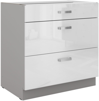 Küchen Unterschrank 80 Bianca Weiss Hochglanz + Grau Vollauszug Soft-Close